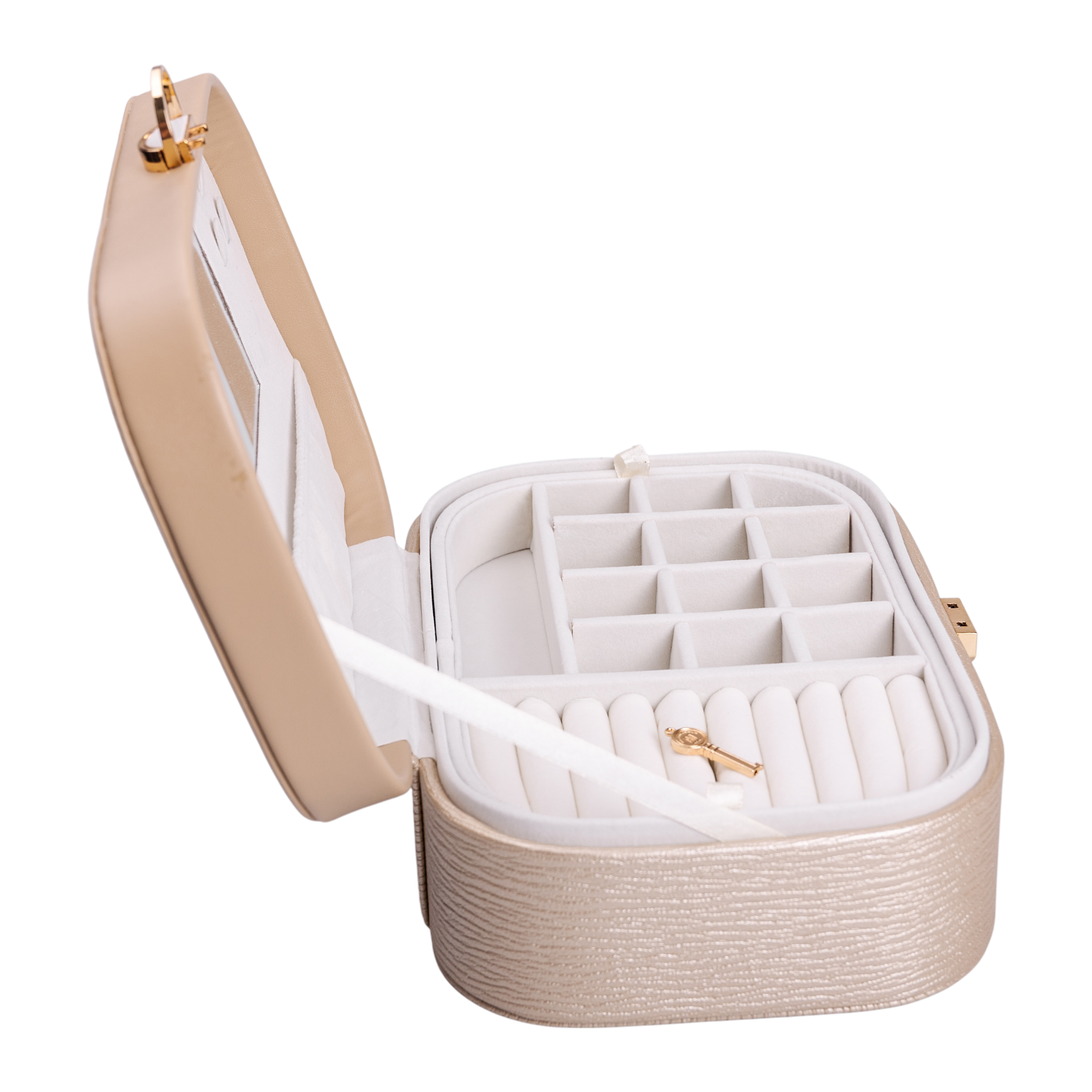 Скринька-органайзер для прикрас з екошкіри із замком 26х18х9,5 см, бежевий Скринька-органайзер для прикрас з екошкіри із замком 26х18х9,5 см, бежевий