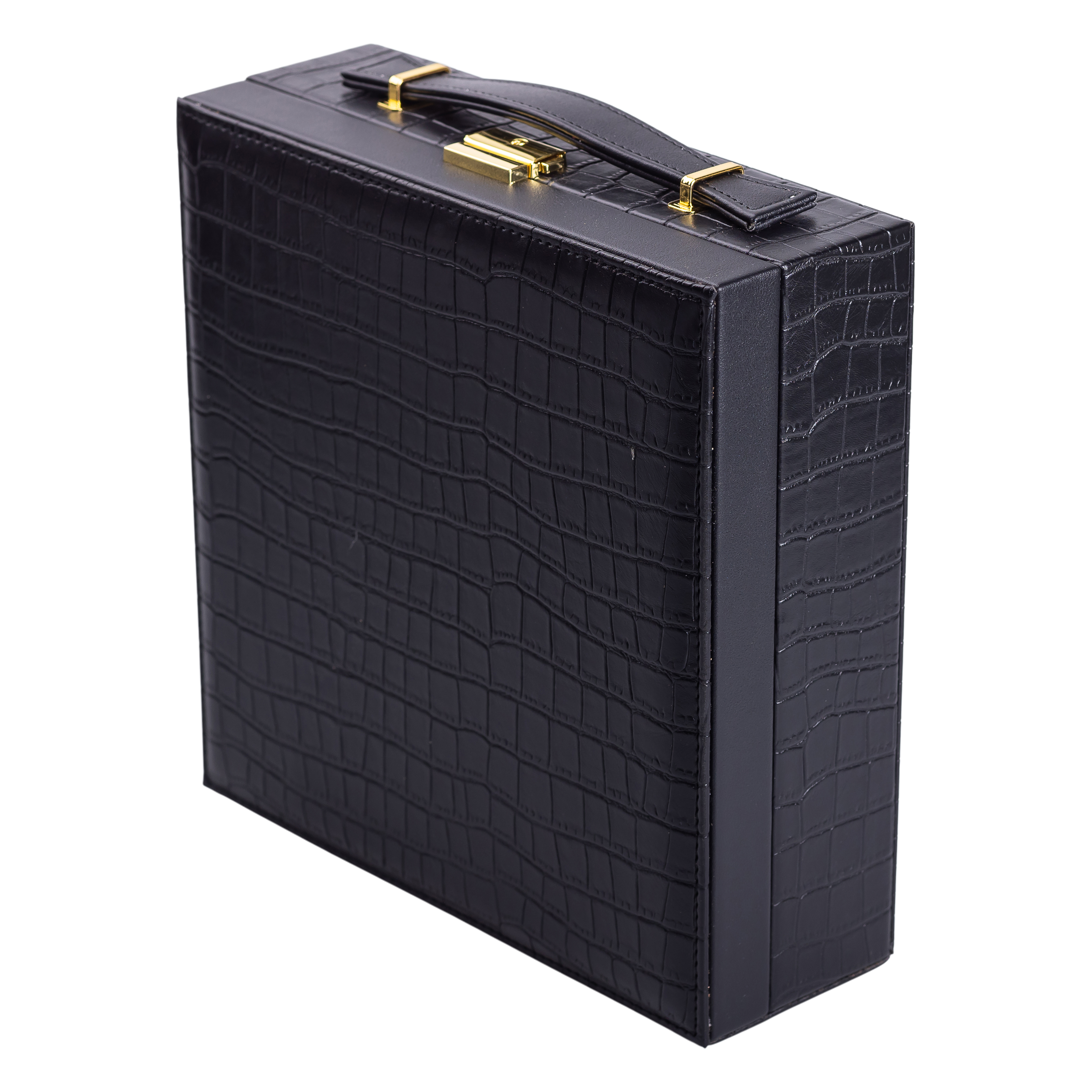 Кейс-органайзер для украшений с защелкой 26х26х9 см из экокожи, черный Кейс-органайзер для украшений с защелкой 26х26х9 см из экокожи, черный