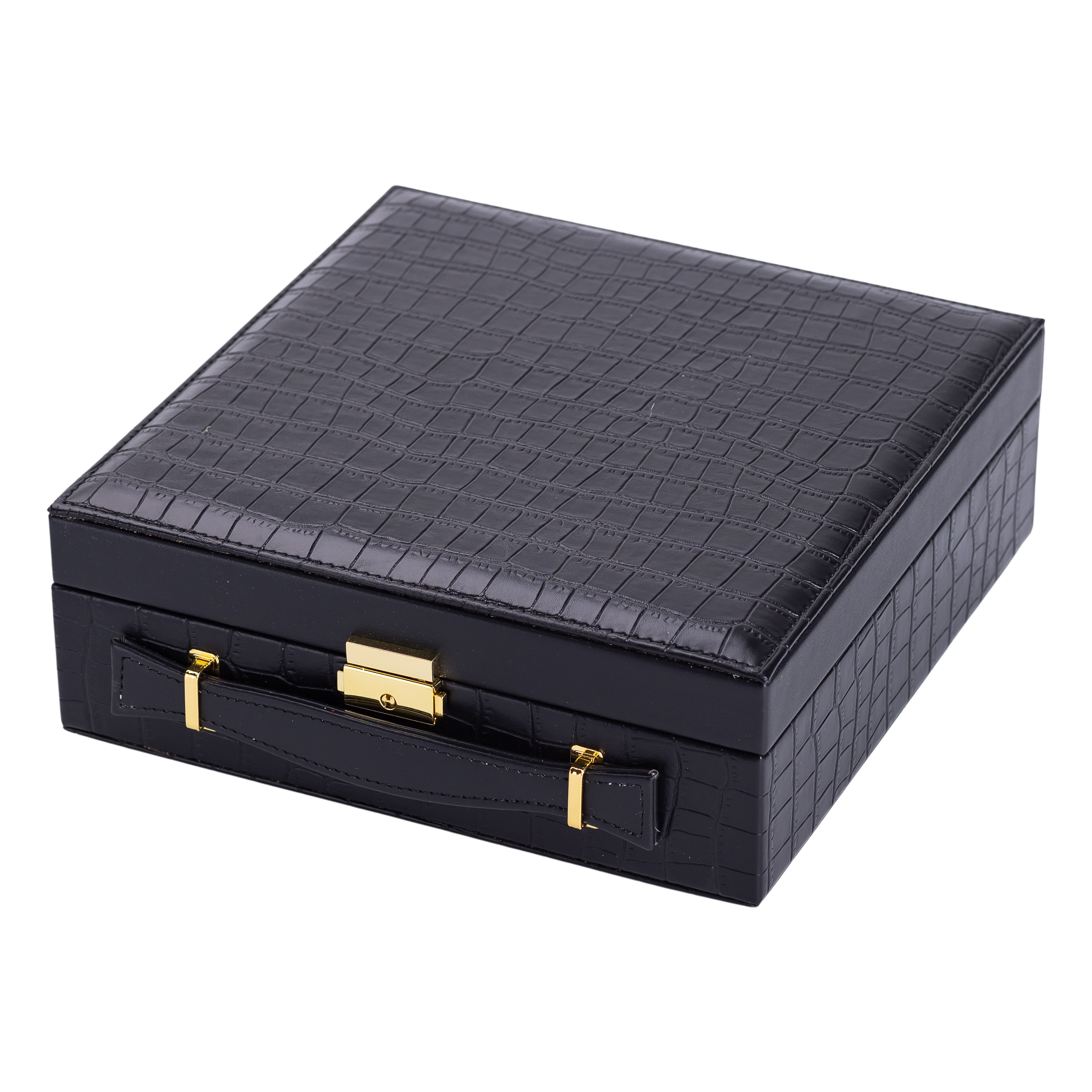 Кейс-органайзер для украшений с защелкой 26х26х9 см из экокожи, черный Кейс-органайзер для украшений с защелкой 26х26х9 см из экокожи, черный