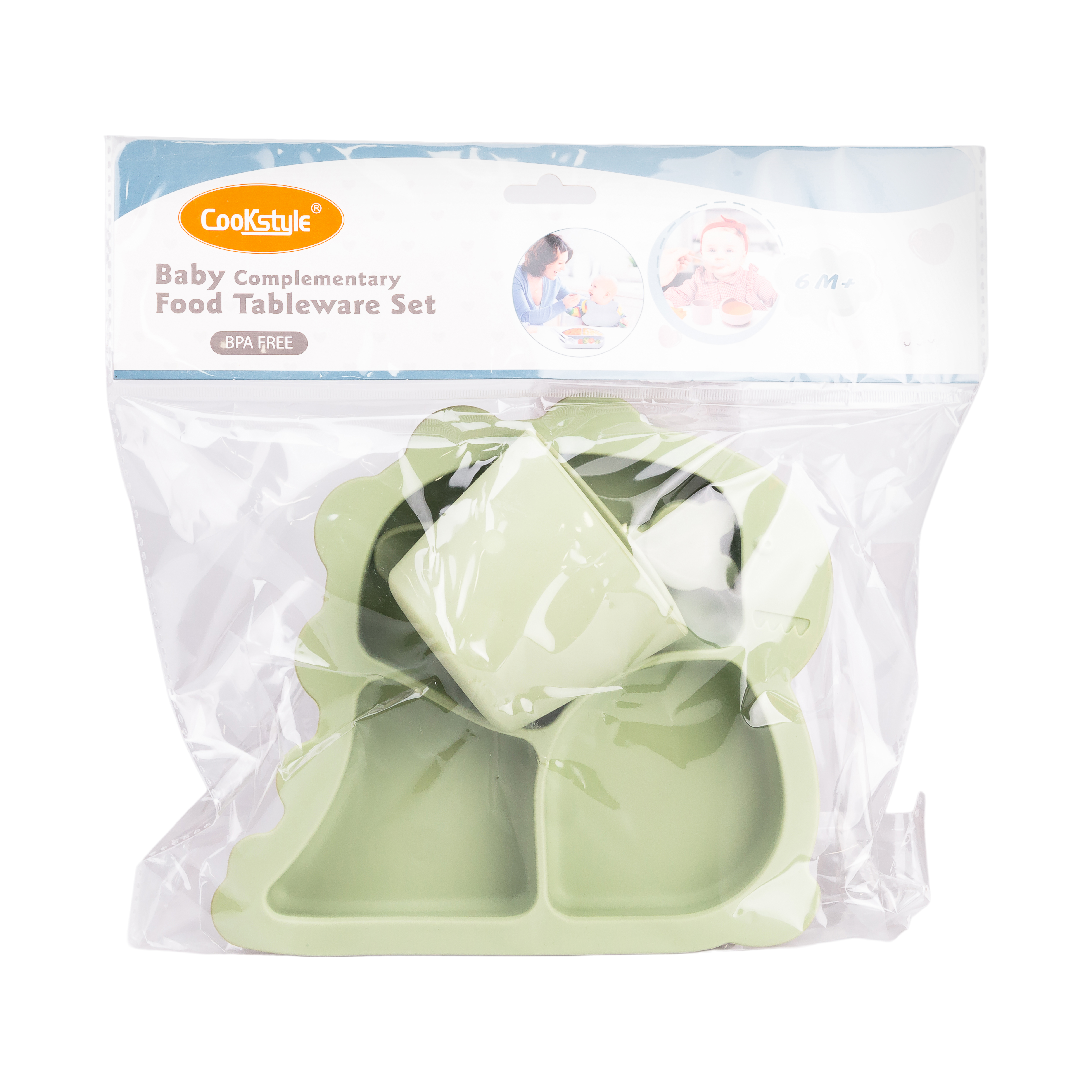 Набор силиконовой посуды для детей Динозавр 3 предмета, зеленый Набор силиконовой посуды для детей Динозавр 3 предмета, зеленый