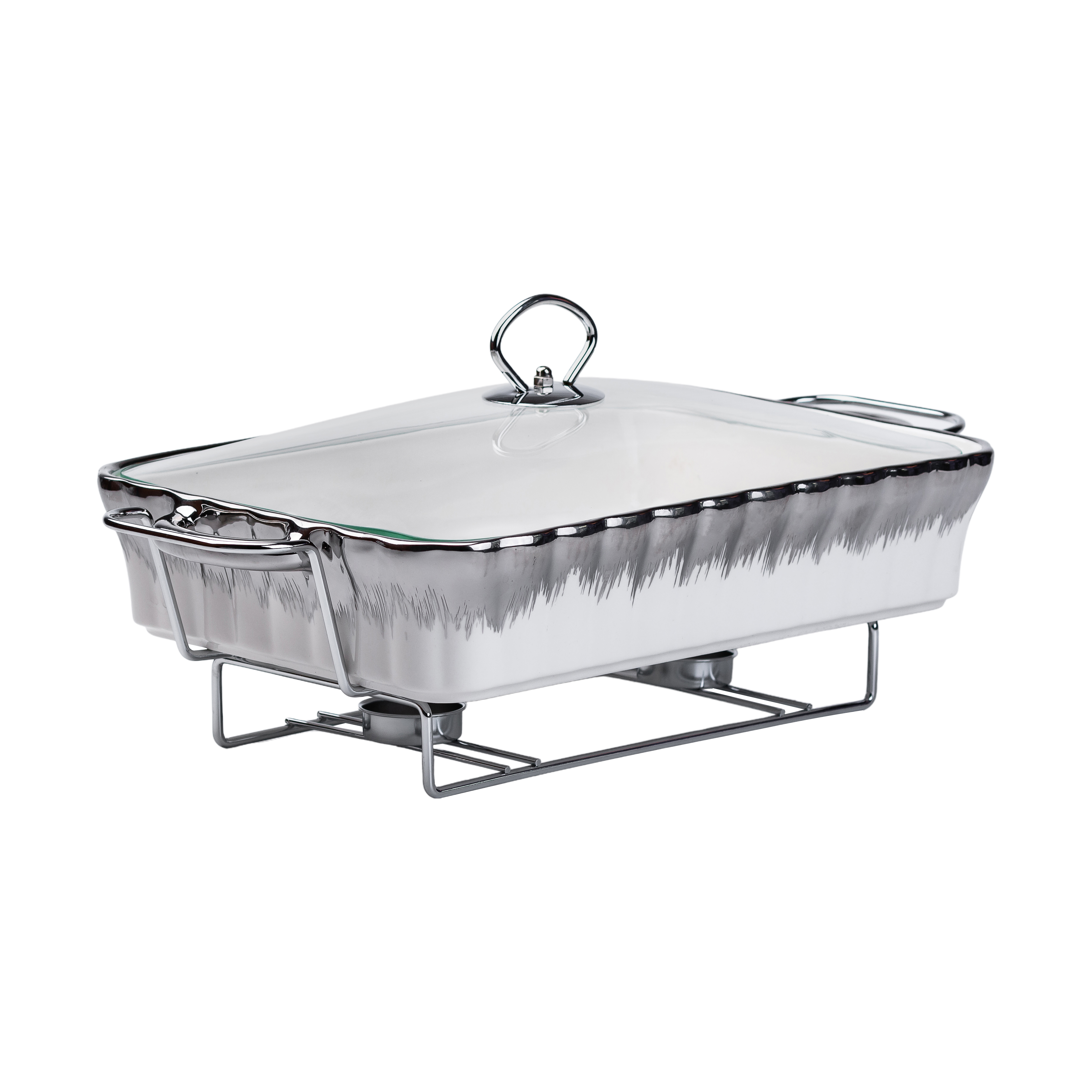 Мармітниця порцелянова прямокутна 2 л зі скляною кришкою, хром Мармітниця порцелянова прямокутна 2 л зі скляною кришкою, хром