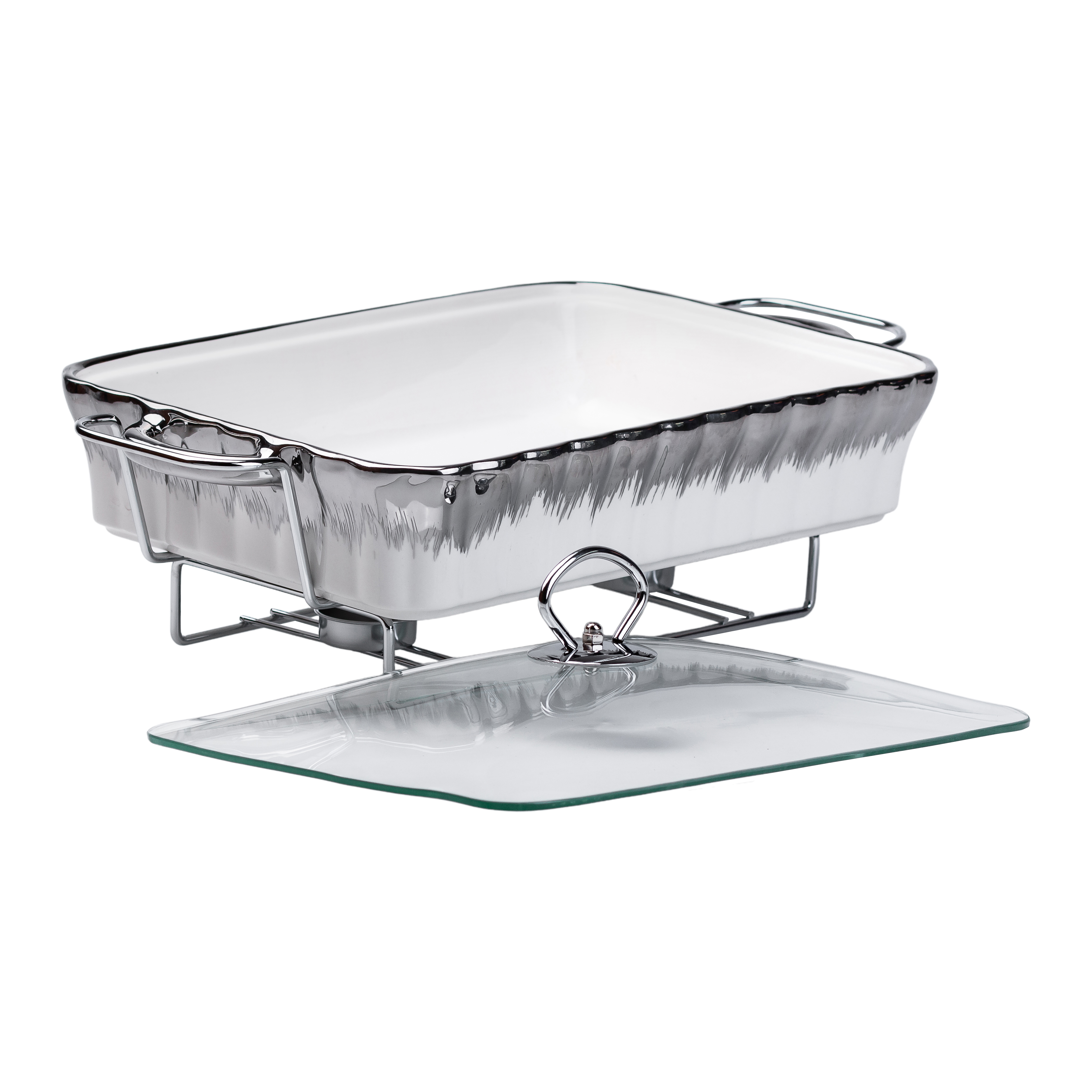 Мармітниця порцелянова прямокутна 2 л зі скляною кришкою, хром Мармітниця порцелянова прямокутна 2 л зі скляною кришкою, хром