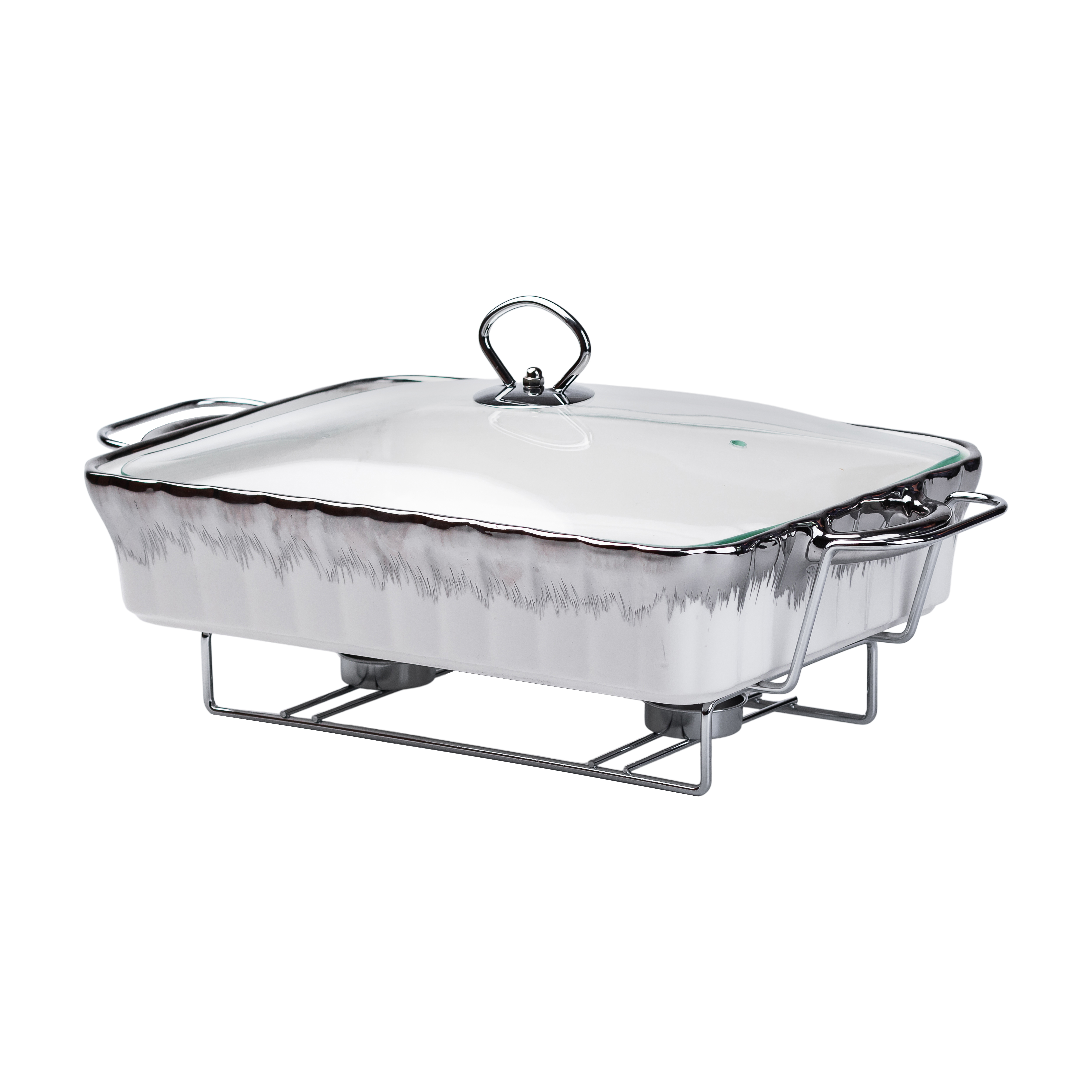 Мармітниця порцелянова прямокутна 2 л зі скляною кришкою, хром Мармітниця порцелянова прямокутна 2 л зі скляною кришкою, хром