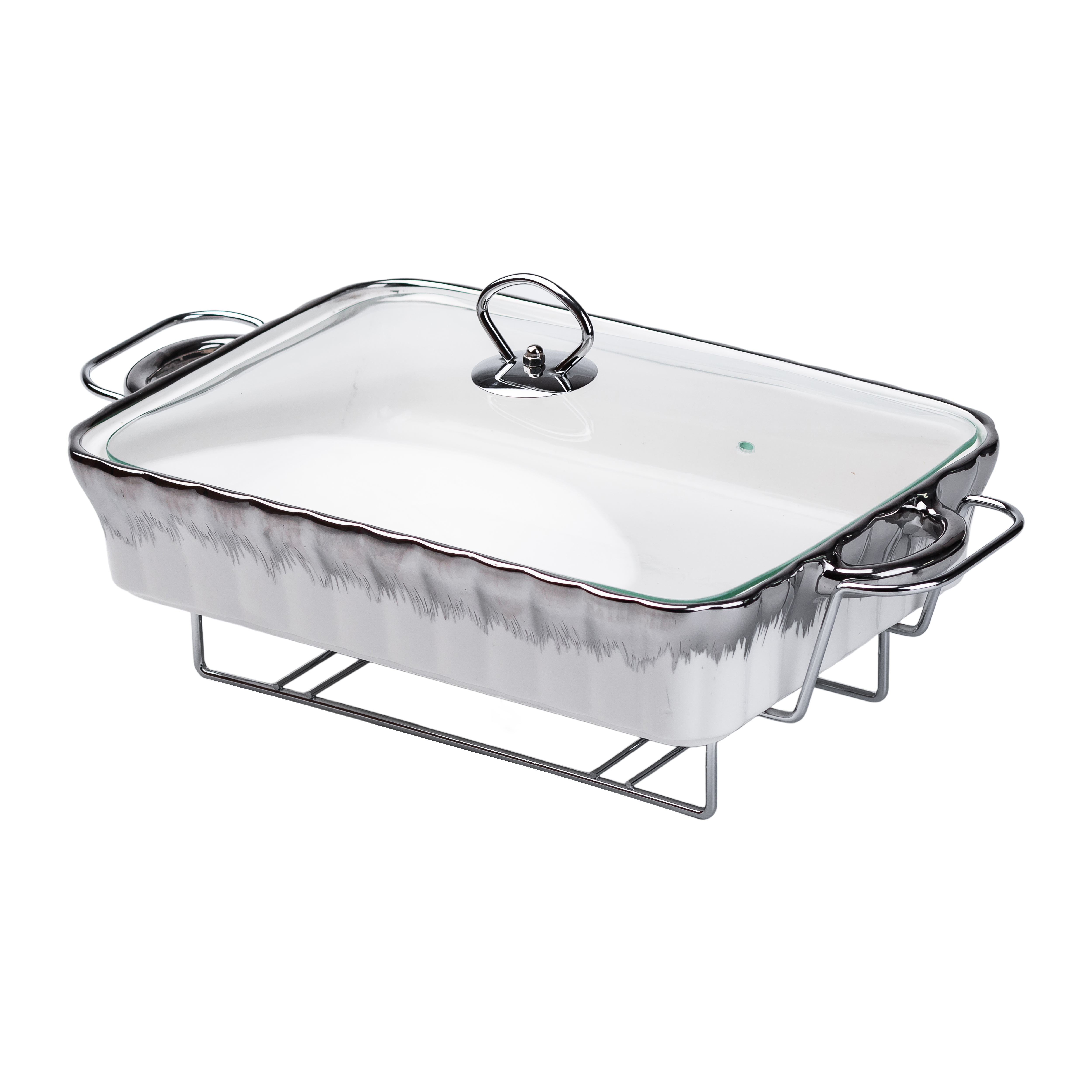 Мармітниця порцелянова прямокутна 2 л зі скляною кришкою, хром Мармітниця порцелянова прямокутна 2 л зі скляною кришкою, хром