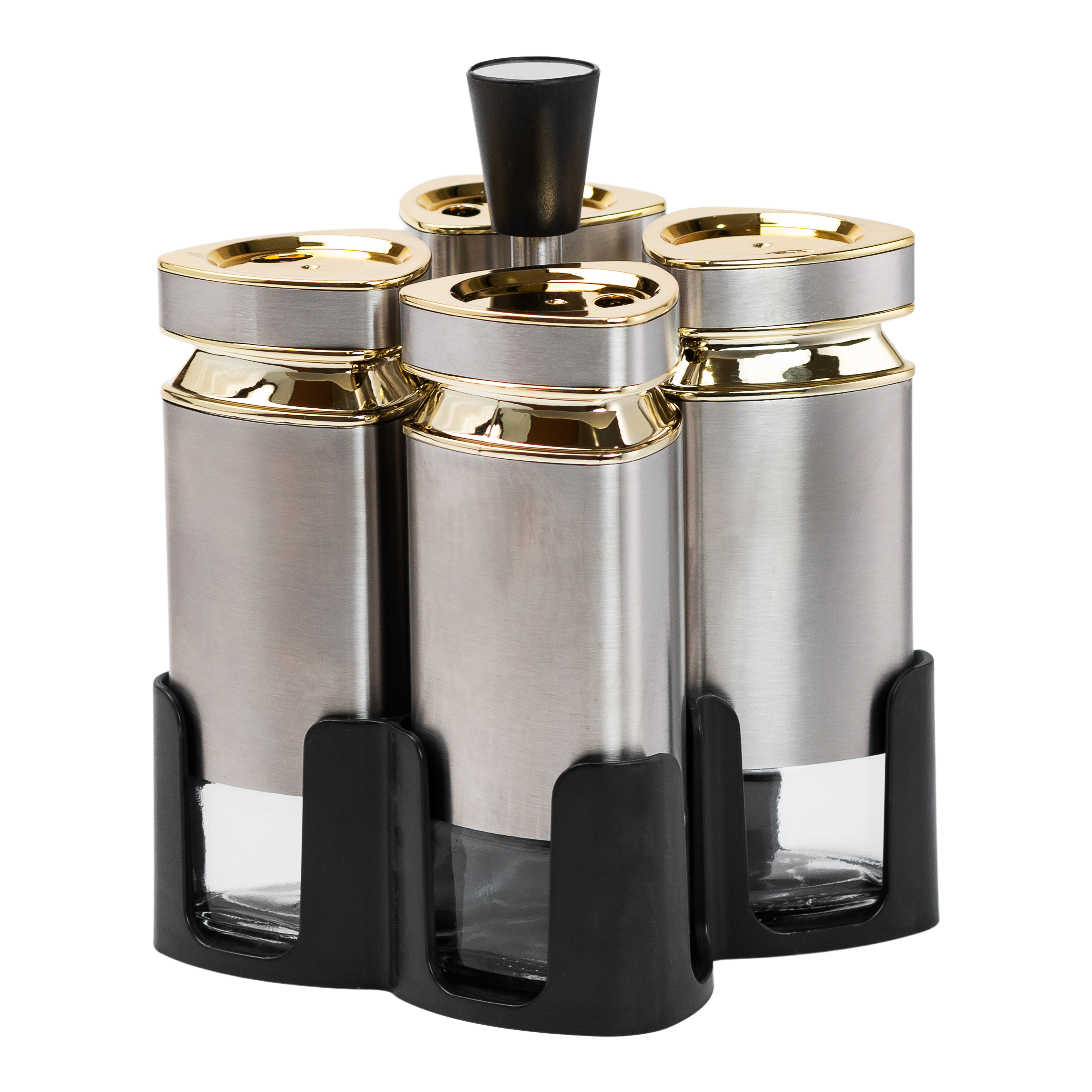 Набір ємностей для спецій на підставці 4 баночки по 120 мл, хром Набір ємностей для спецій на підставці 4 баночки по 120 мл, хром