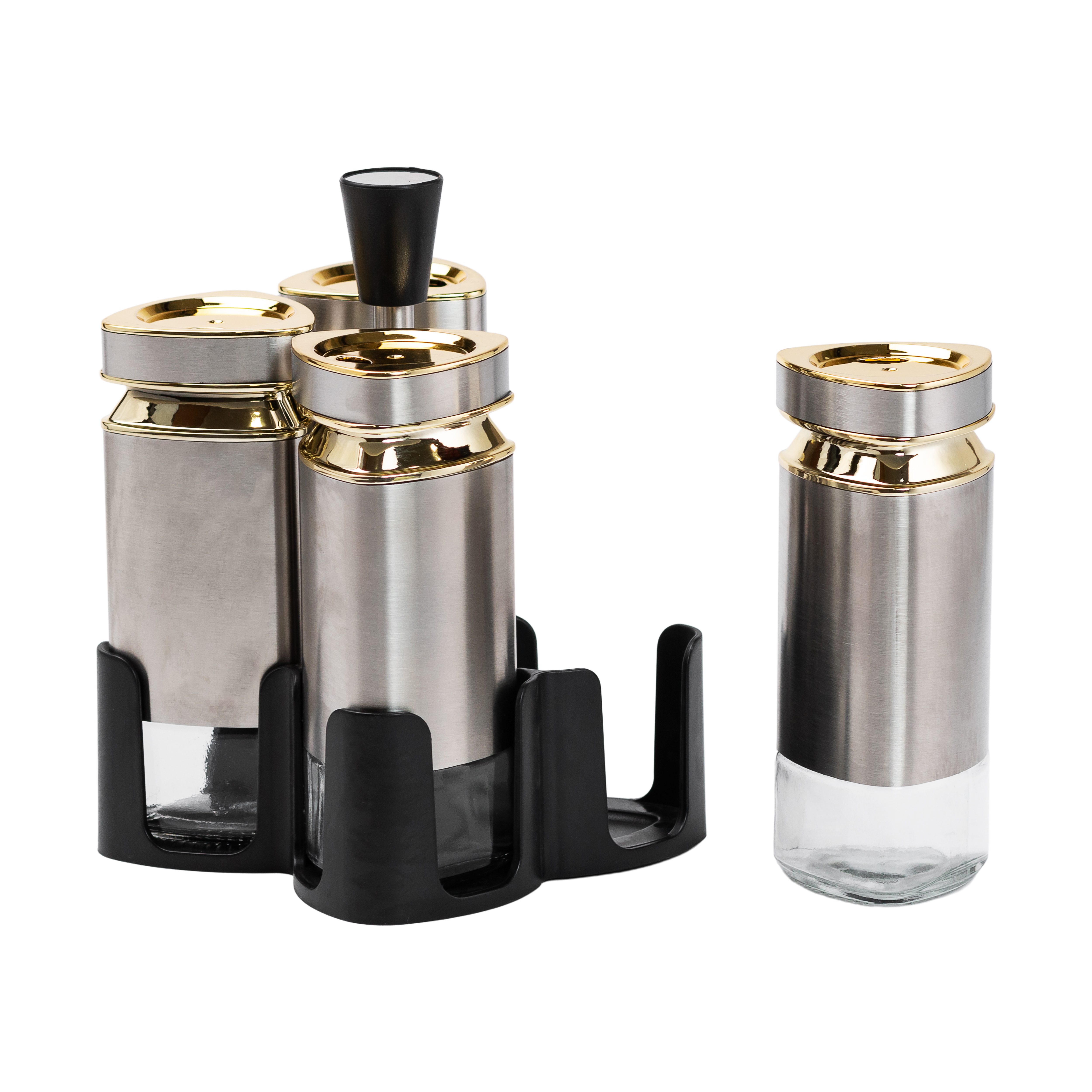 Набір ємностей для спецій на підставці 4 баночки по 120 мл, хром Набір ємностей для спецій на підставці 4 баночки по 120 мл, хром