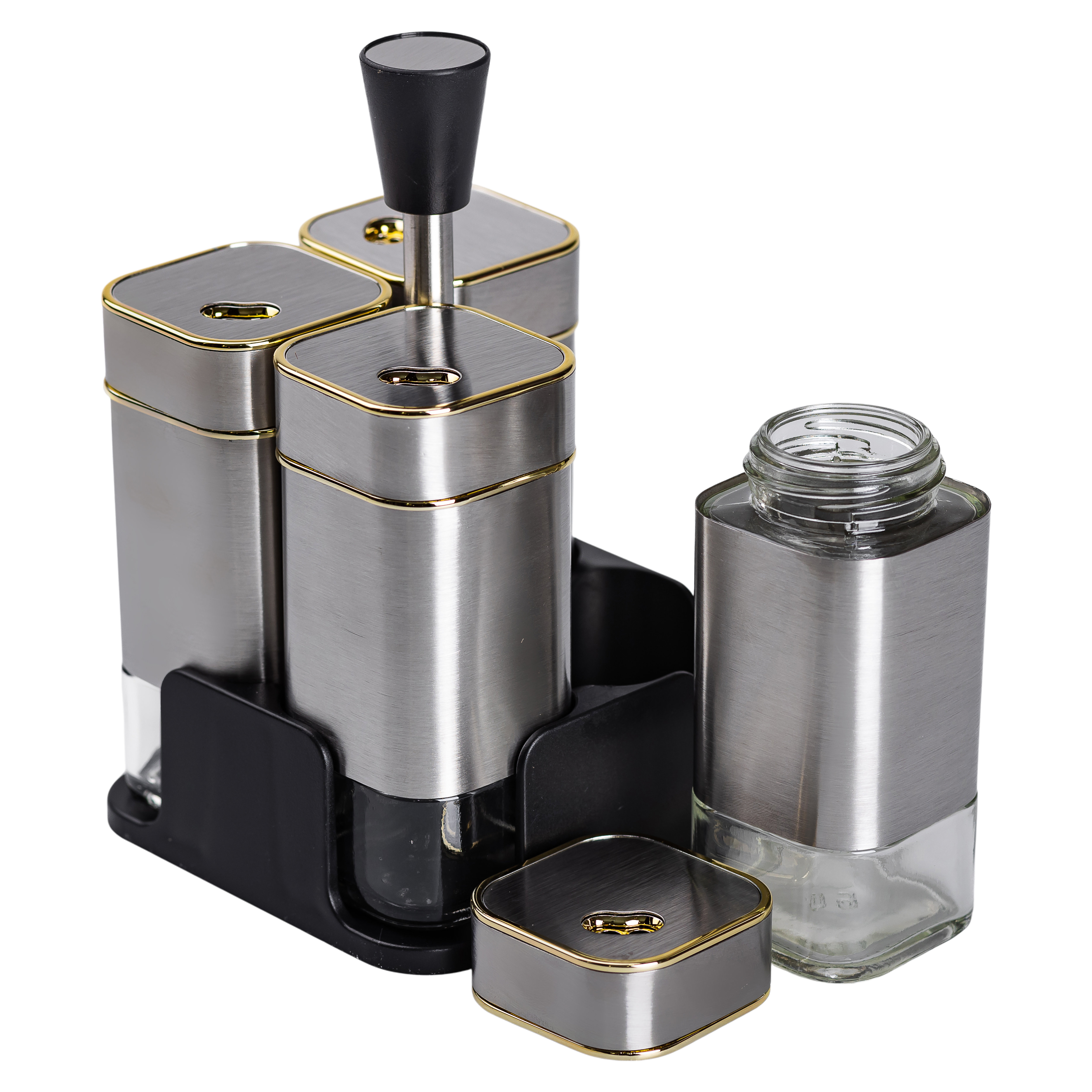 Набір ємностей для спецій на підставці 4 шт по 120 мл, хром Набір ємностей для спецій на підставці 4 шт по 120 мл, хром